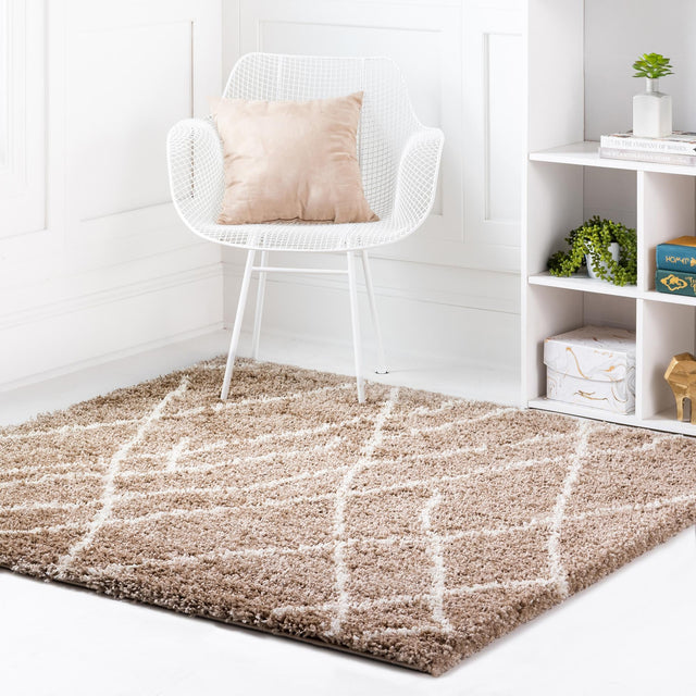 Khaki 5' 3 x 5' 3 Soft Touch Shag Square Area Rug Thick Soft Touch Fluffy & Plush Shaggy Pile