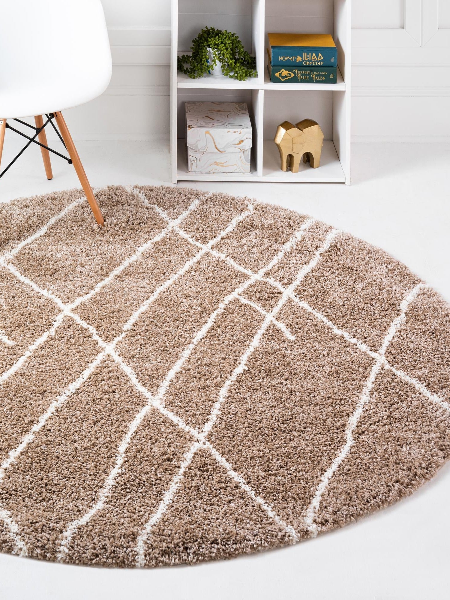 Khaki 7' 10 x 7' 10 Soft Touch Shag Round Area Rug Thick Soft Touch Fluffy & Plush Shaggy Pile 100% Polypropylene Unique Carpet for Modern Home Interiors for Sale at Rug Engine