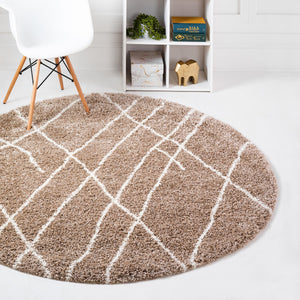 Khaki 7' 10 x 7' 10 Soft Touch Shag Round Area Rug Thick Soft Touch Fluffy & Plush Shaggy Pile