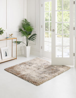Khaki 7' 10 x 7' 10 Soft Touch Shag Square Area Rug Thick Soft Touch Fluffy & Plush Shaggy Pile