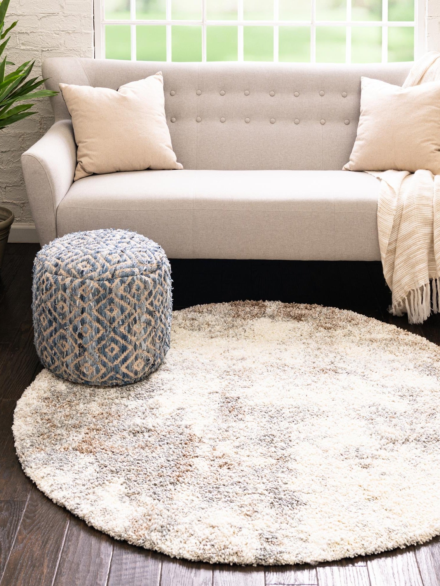 Khaki 7' 10 x 7' 10 Soft Touch Shag Round Area Rug Thick Soft Touch Fluffy & Plush Shaggy Pile 100% Polypropylene Unique Carpet for Modern Home Interiors for Sale at Rug Engine