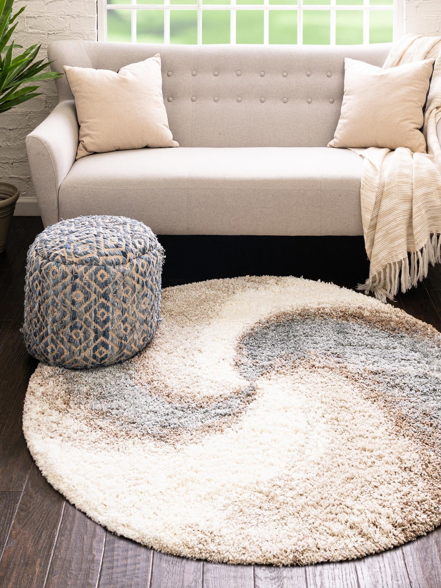 Khaki 4' 1 x 4' 1 Soft Touch Shag Round Area Rug Thick Soft Touch Fluffy & Plush Shaggy Pile 100% Polypropylene Unique Carpet for Modern Home Interiors for Sale at Rug Engine