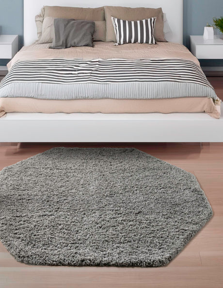 Cloud Gray 6' 1 x 6' 1 Solid Shag Octagon Area Rug Thick Soft Touch Fluffy & Plush Shaggy Pile Durable Minimalist Carpet for Classic Interior Design for Sale at Rug Engine