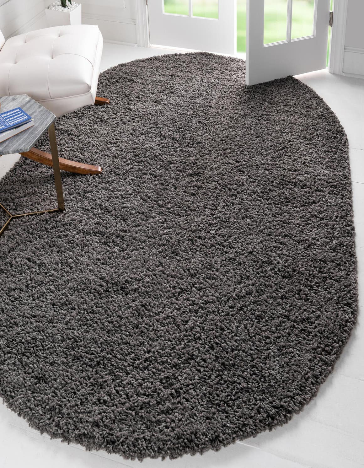 Graphite Gray 7' 10 x 10' Solid Shag Oval Area Rug Thick Soft Touch Fluffy & Plush Shaggy Pile Durable Minimalist Carpet for Classic Interior Design for Sale at Rug Engine