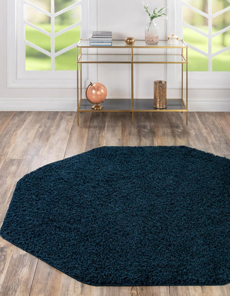 Sapphire Blue 4' 1 x 4' 1 Solid Shag Octagon Area Rug Thick Soft Touch Fluffy & Plush Shaggy Pile