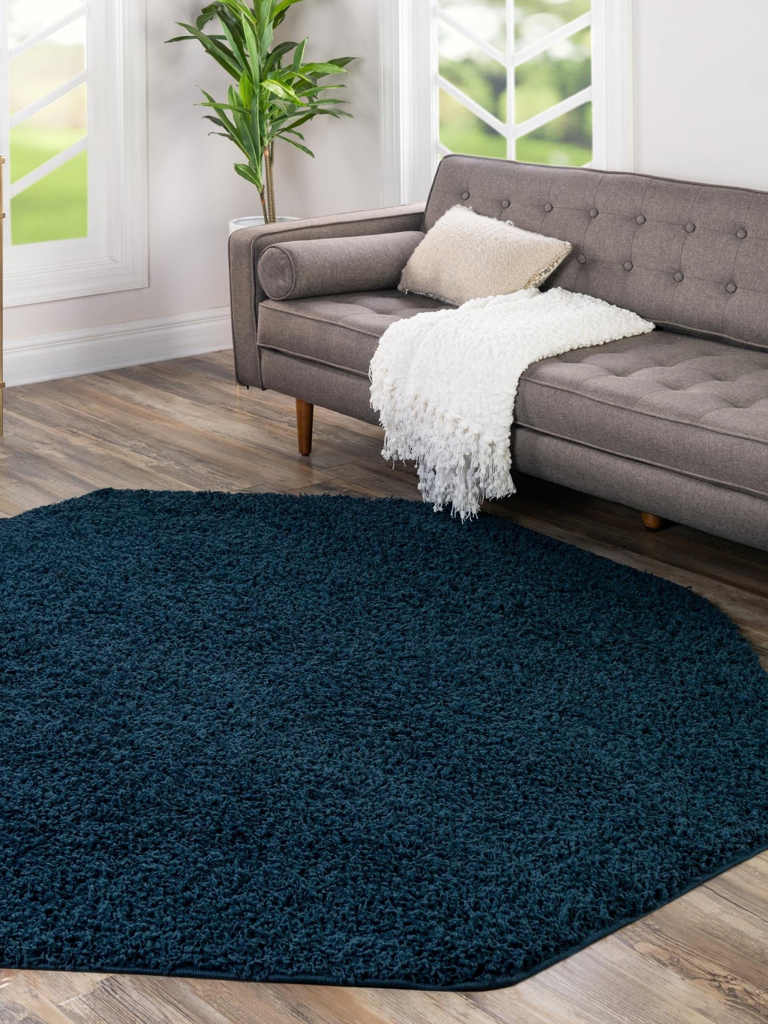 Sapphire Blue 7' 10 x 7' 10 Solid Shag Octagon Area Rug Thick Soft Touch Fluffy & Plush Shaggy Pile Durable Minimalist Carpet for Classic Interior Design for Sale at Rug Engine