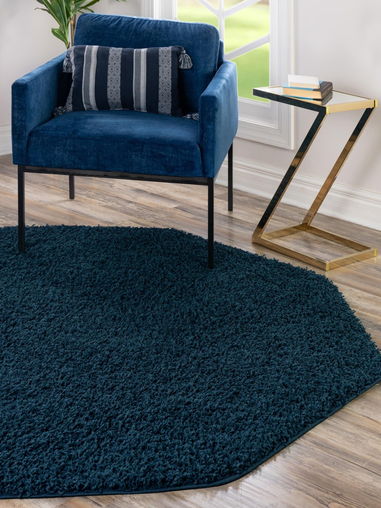 Sapphire Blue 7' 10 x 7' 10 Solid Shag Octagon Area Rug Thick Soft Touch Fluffy & Plush Shaggy Pile Durable Minimalist Carpet for Classic Interior Design for Sale at Rug Engine