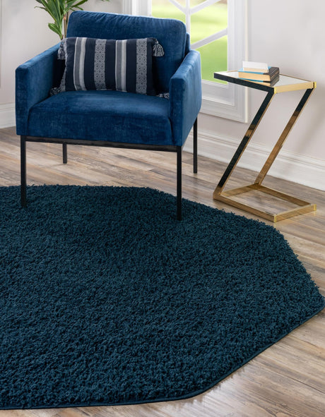 Sapphire Blue 4' 1 x 4' 1 Solid Shag Octagon Area Rug Thick Soft Touch Fluffy & Plush Shaggy Pile Durable Minimalist Carpet for Classic Interior Design for Sale at Rug Engine