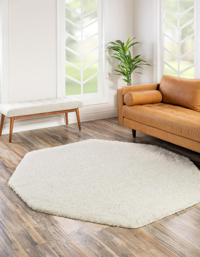 Snow White 6' 1 x 6' 1 Solid Shag Octagon Area Rug Thick Soft Touch Fluffy & Plush Shaggy Pile