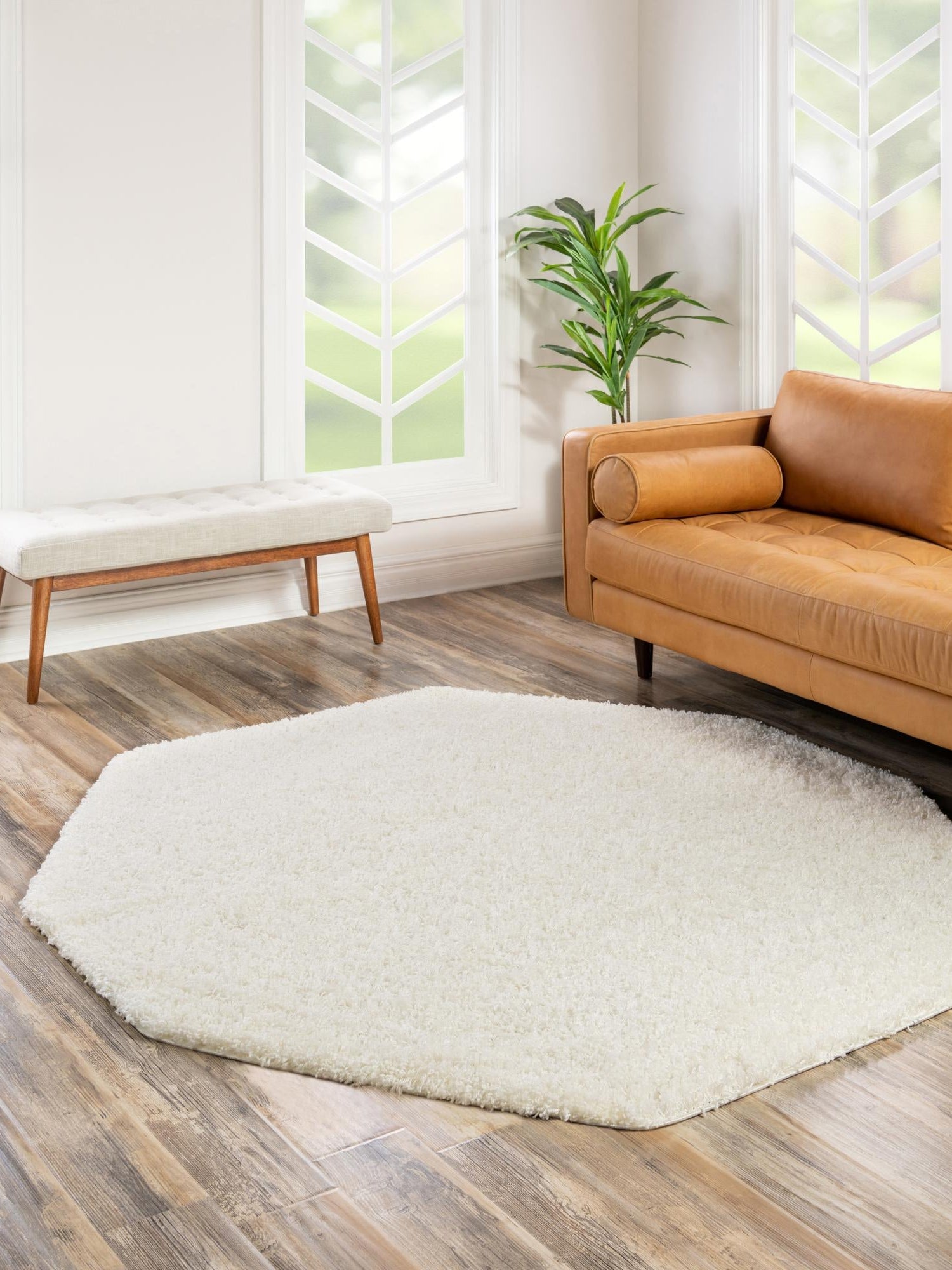 Snow White 4' 1 x 4' 1 Solid Shag Octagon Area Rug Thick Soft Touch Fluffy & Plush Shaggy Pile Durable Minimalist Carpet for Classic Interior Design for Sale at Rug Engine