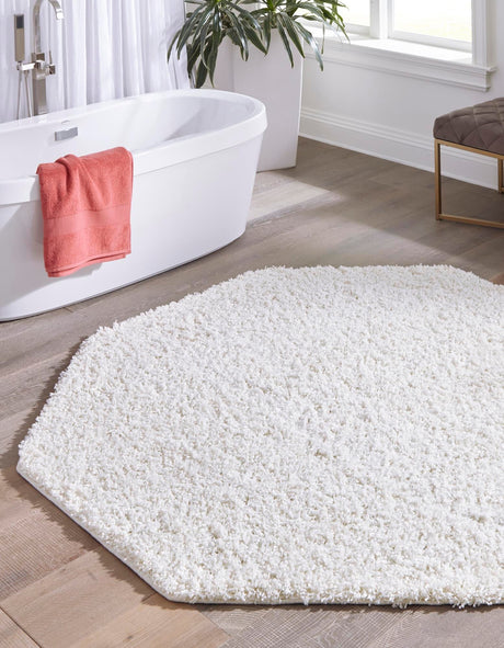 Snow White 4' 1 x 4' 1 Solid Shag Octagon Area Rug Thick Soft Touch Fluffy & Plush Shaggy Pile Durable Minimalist Carpet for Classic Interior Design for Sale at Rug Engine