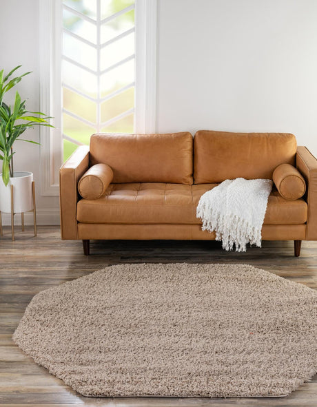 Taupe 4' 1 x 4' 1 Solid Shag Octagon Area Rug Thick Soft Touch Fluffy & Plush Shaggy Pile