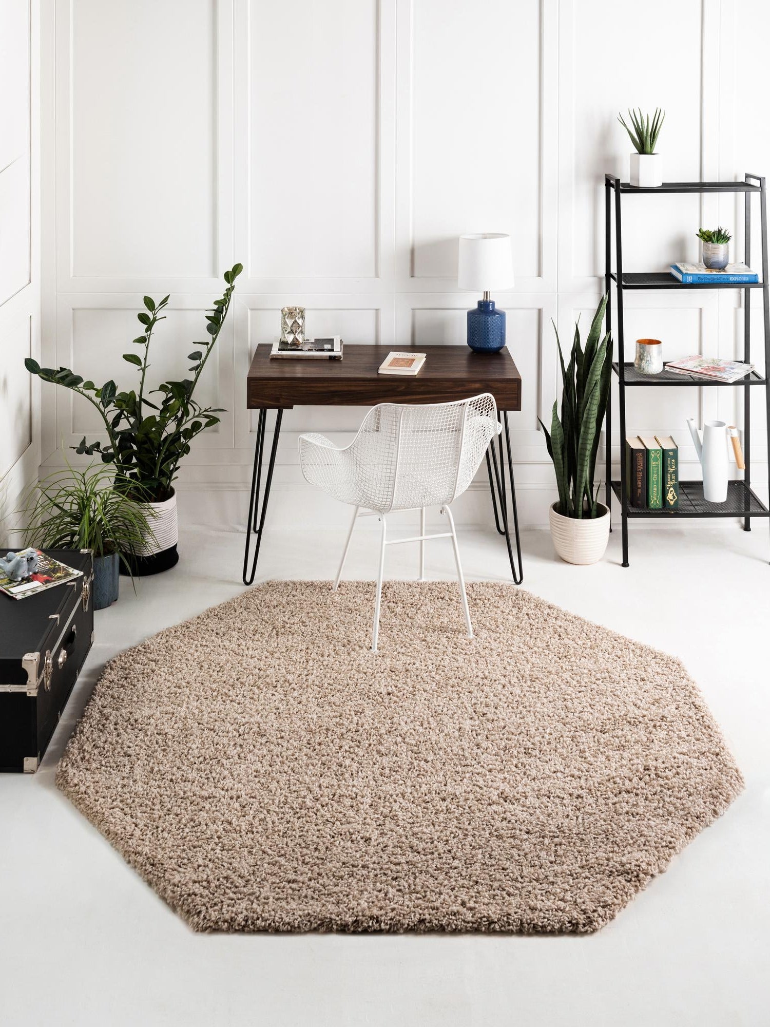 Taupe 4' 1 x 4' 1 Solid Shag Octagon Area Rug Thick Soft Touch Fluffy & Plush Shaggy Pile Durable Minimalist Carpet for Classic Interior Design for Sale at Rug Engine