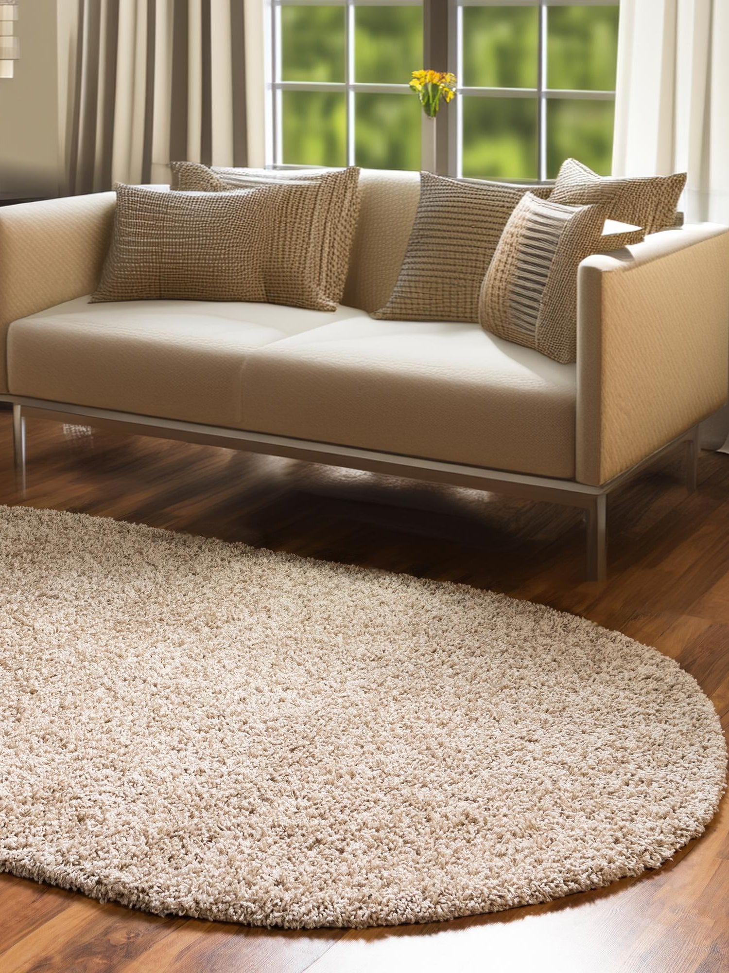 Taupe 7' 10 x 10' Solid Shag Oval Area Rug Thick Soft Touch Fluffy & Plush Shaggy Pile Durable Minimalist Carpet for Classic Interior Design for Sale at Rug Engine