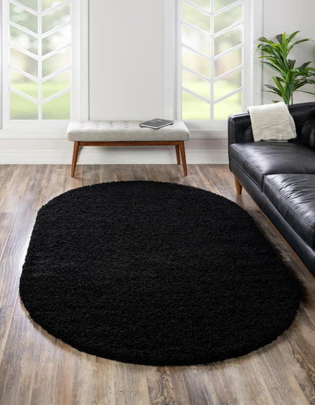 Jet Black 5' 3 x 8' Solid Shag Oval Area Rug Thick Soft Touch Fluffy & Plush Shaggy Pile