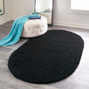 Jet Black 5' 3 x 8' Solid Shag Oval Area Rug Thick Soft Touch Fluffy & Plush Shaggy Pile