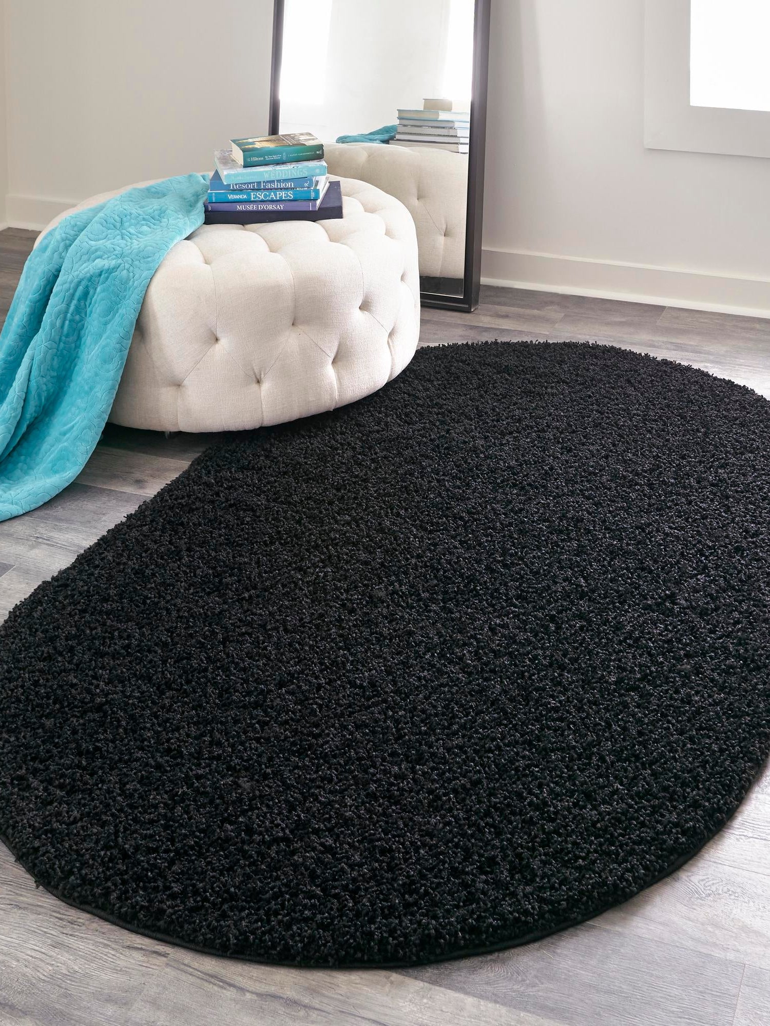 Jet Black 7' 10 x 10' Solid Shag Oval Area Rug Thick Soft Touch Fluffy & Plush Shaggy Pile Durable Minimalist Carpet for Classic Interior Design for Sale at Rug Engine