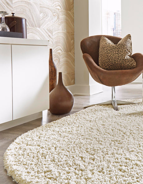 Pure Ivory 5' 3 x 8' Solid Shag Oval Area Rug Thick Soft Touch Fluffy & Plush Shaggy Pile Durable Minimalist Carpet for Classic Interior Design for Sale at Rug Engine