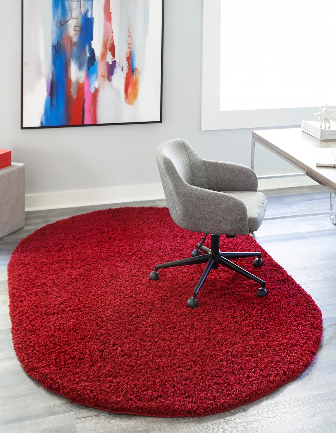 Cherry Red 5' 3 x 8' Solid Shag Oval Area Rug Thick Soft Touch Fluffy & Plush Shaggy Pile Durable Minimalist Carpet for Classic Interior Design for Sale at Rug Engine