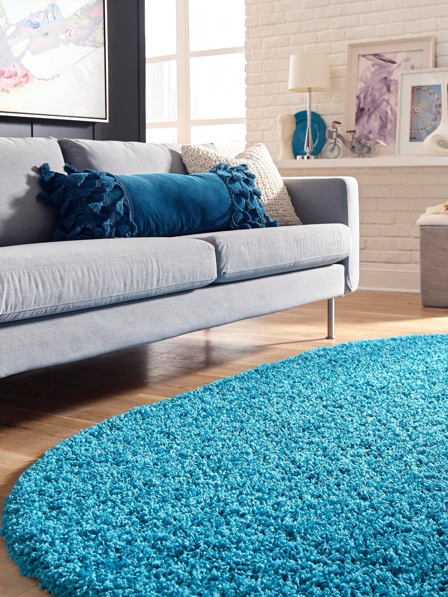 Turquoise 7' 10 x 10' Solid Shag Oval Area Rug Thick Soft Touch Fluffy & Plush Shaggy Pile Durable Minimalist Carpet for Classic Interior Design for Sale at Rug Engine