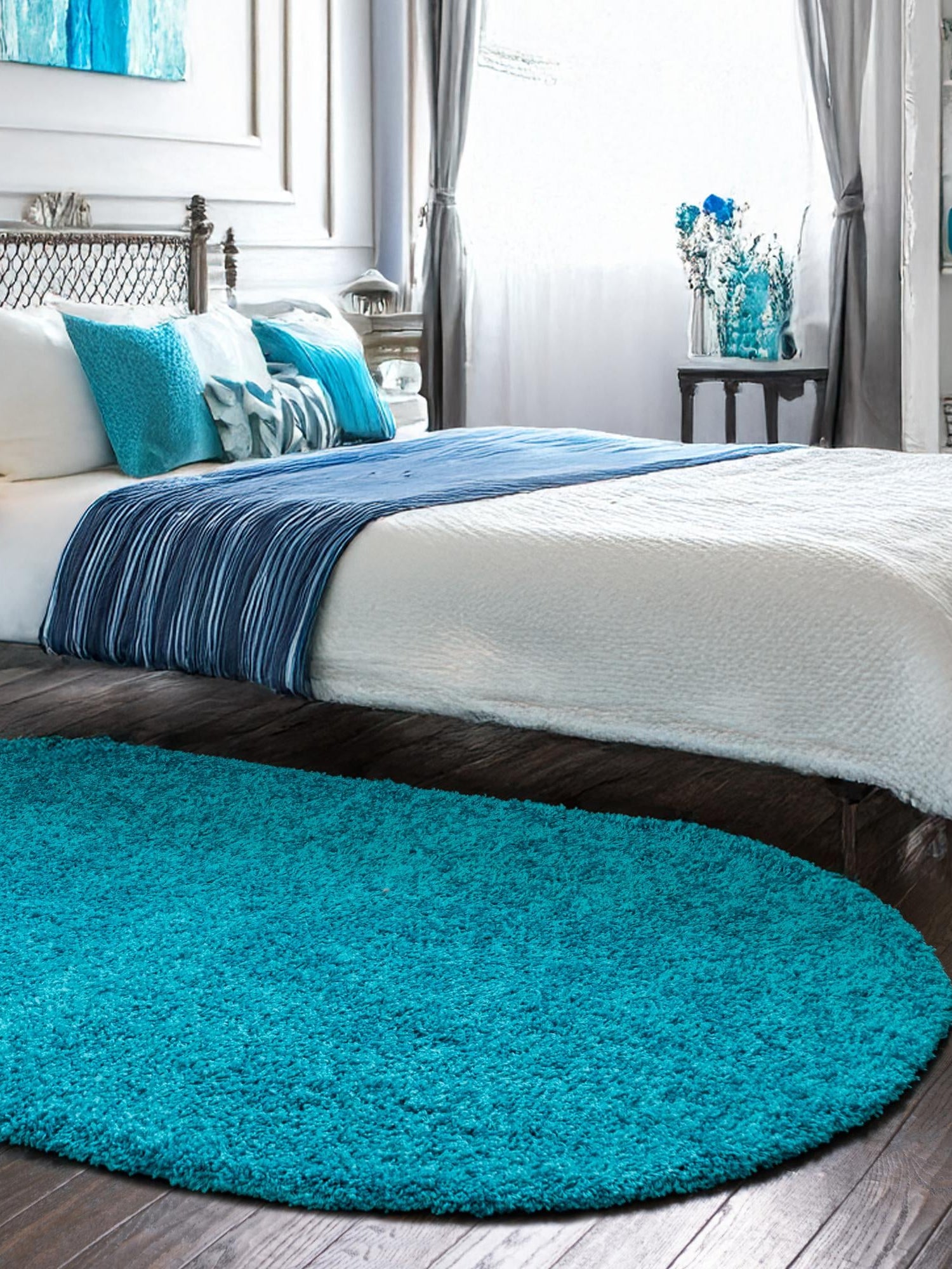 Turquoise 5' 3 x 8' Solid Shag Oval Area Rug Thick Soft Touch Fluffy & Plush Shaggy Pile Durable Minimalist Carpet for Classic Interior Design for Sale at Rug Engine