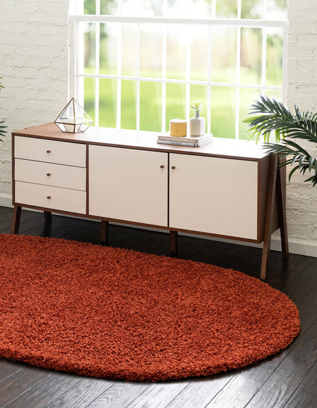 Terracotta 5' 3 x 8' Solid Shag Oval Area Rug Thick Soft Touch Fluffy & Plush Shaggy Pile Durable Minimalist Carpet for Classic Interior Design for Sale at Rug Engine
