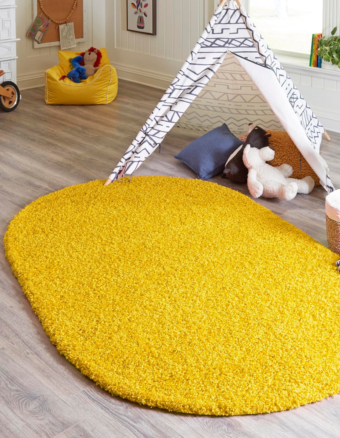 Tuscan Sun Yellow 7' 10 x 10' Solid Shag Oval Area Rug Thick Soft Touch Fluffy & Plush Shaggy Pile Durable Minimalist Carpet for Classic Interior Design for Sale at Rug Engine