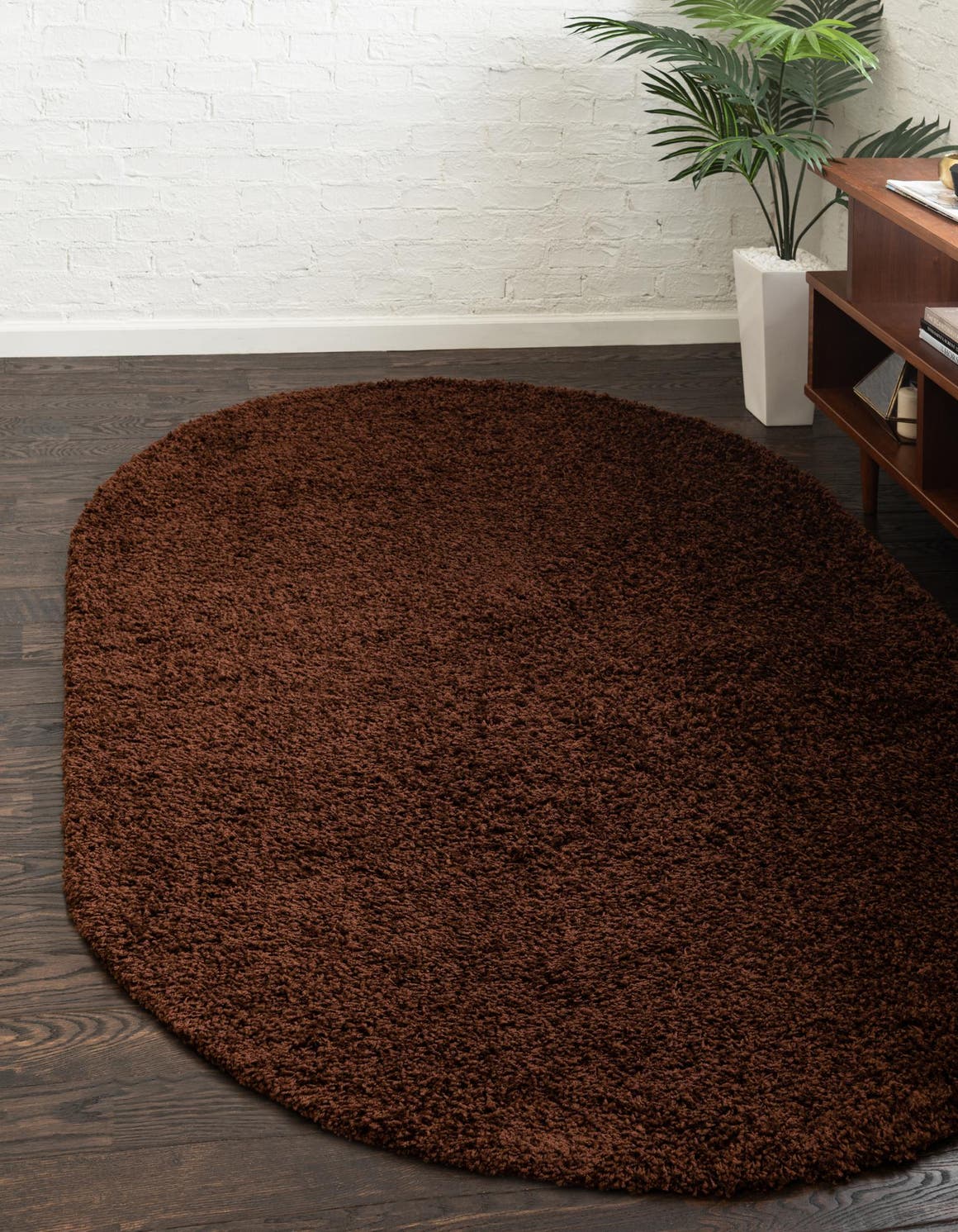 Chocolate Brown 7' 10 x 10' Solid Shag Oval Area Rug Thick Soft Touch Fluffy & Plush Shaggy Pile Durable Minimalist Carpet for Classic Interior Design for Sale at Rug Engine
