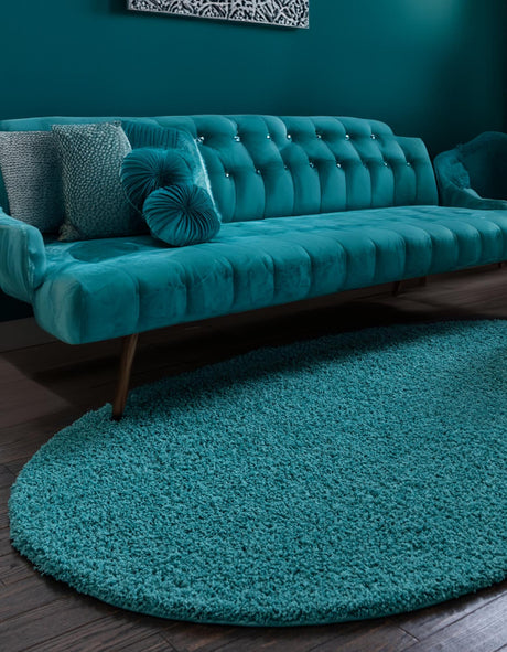 Deep Aqua Blue 7' 10 x 10' Solid Shag Oval Area Rug Thick Soft Touch Fluffy & Plush Shaggy Pile Durable Minimalist Carpet for Classic Interior Design for Sale at Rug Engine