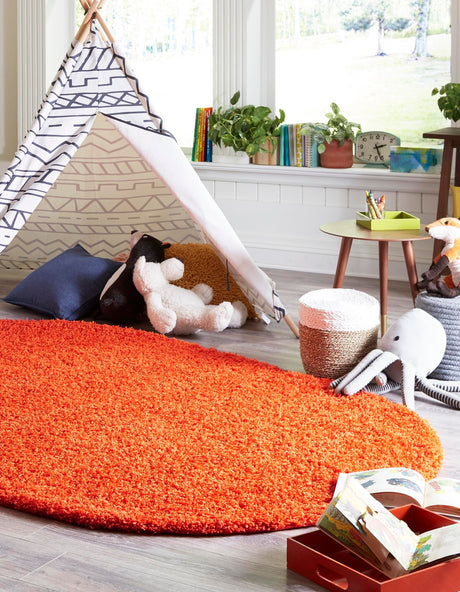 Tiger Orange 5' 3 x 8' Solid Shag Oval Area Rug Thick Soft Touch Fluffy & Plush Shaggy Pile Durable Minimalist Carpet for Classic Interior Design for Sale at Rug Engine