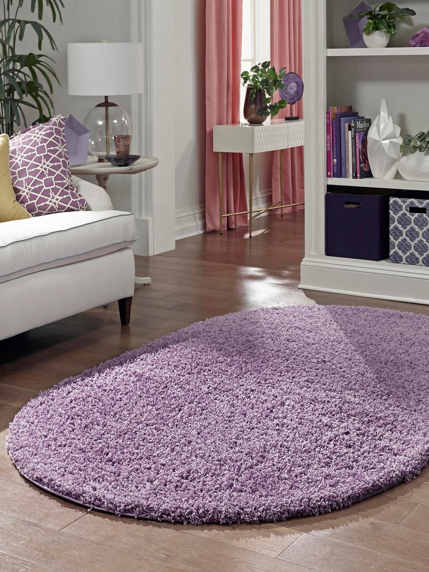 Lilac 5' 3 x 8' Solid Shag Oval Area Rug Thick Soft Touch Fluffy & Plush Shaggy Pile Durable Minimalist Carpet for Classic Interior Design for Sale at Rug Engine
