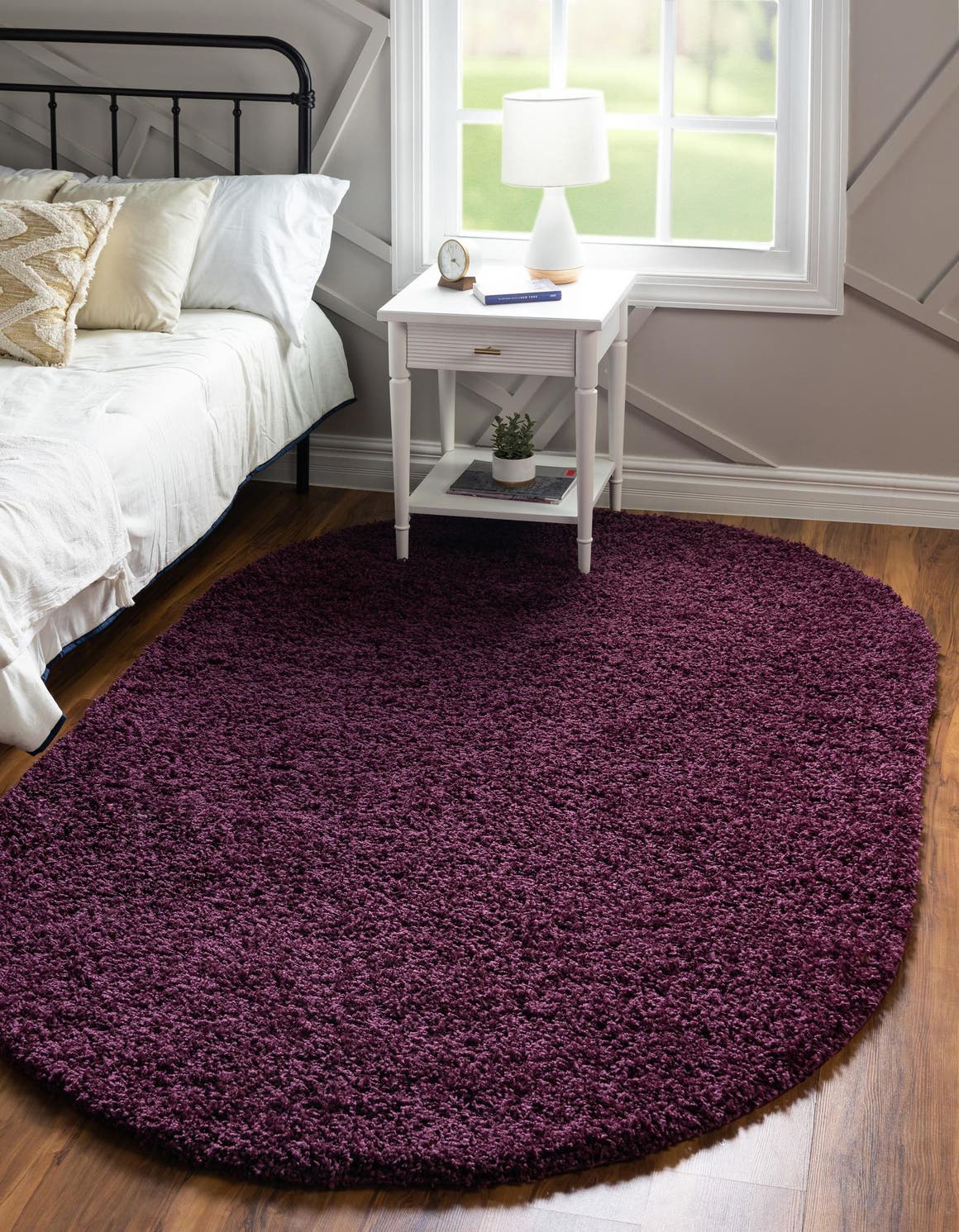 Eggplant Purple 5' 3 x 8' Solid Shag Oval Area Rug Thick Soft Touch Fluffy & Plush Shaggy Pile Durable Minimalist Carpet for Classic Interior Design for Sale at Rug Engine