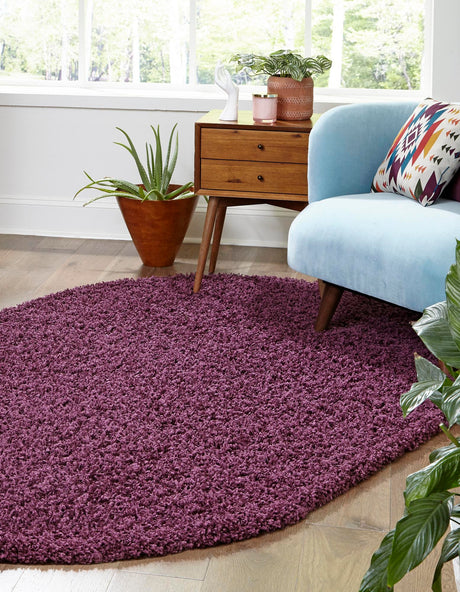 Eggplant Purple 7' 10 x 10' Solid Shag Oval Area Rug Thick Soft Touch Fluffy & Plush Shaggy Pile Durable Minimalist Carpet for Classic Interior Design for Sale at Rug Engine