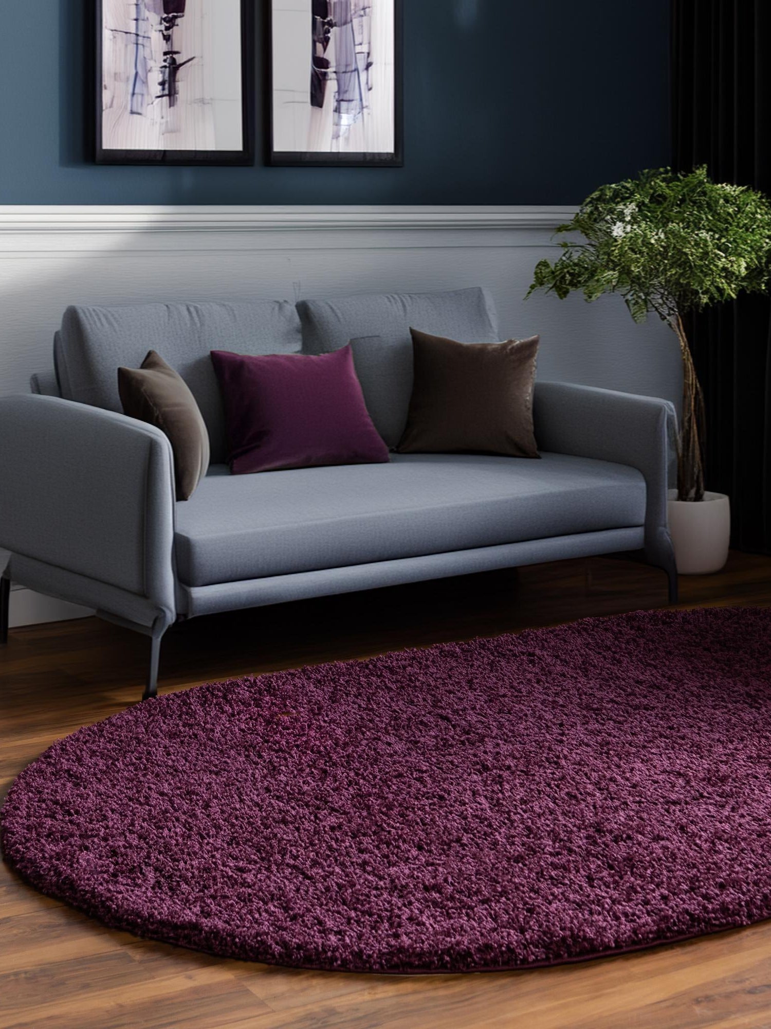 Eggplant Purple 7' 10 x 10' Solid Shag Oval Area Rug Thick Soft Touch Fluffy & Plush Shaggy Pile Durable Minimalist Carpet for Classic Interior Design for Sale at Rug Engine