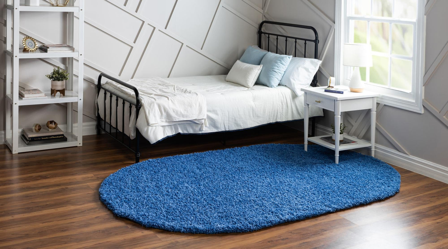 Periwinkle Blue 3' 1 x 5' 3 Solid Shag Oval Area Rug Thick Soft Touch Fluffy & Plush Shaggy Pile Durable Minimalist Carpet for Classic Interior Design for Sale at Rug Engine