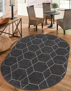 Dark Gray 4' 1 x 6' 1 Trellis Frieze Oval Area Rug Geometric Modern Unique Stain Resistant Easy Clean Carpet for Living, Dining, Bedrooms, Office for Sale at Rug Engine