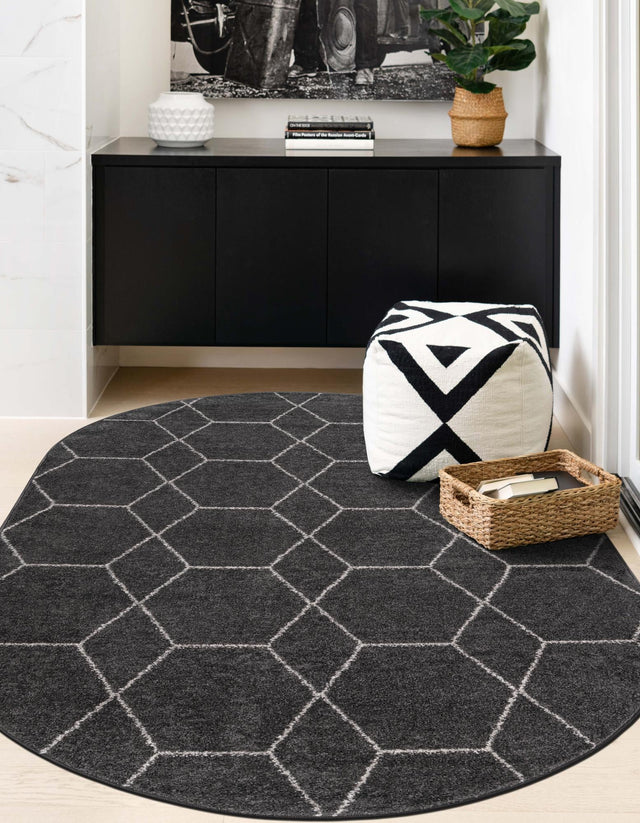 Dark Gray 5' 3 x 8' Trellis Frieze Oval Area Rug Geometric Modern Unique Stain Resistant Easy Clean Carpet for Living, Dining, Bedrooms, Office for Sale at Rug Engine