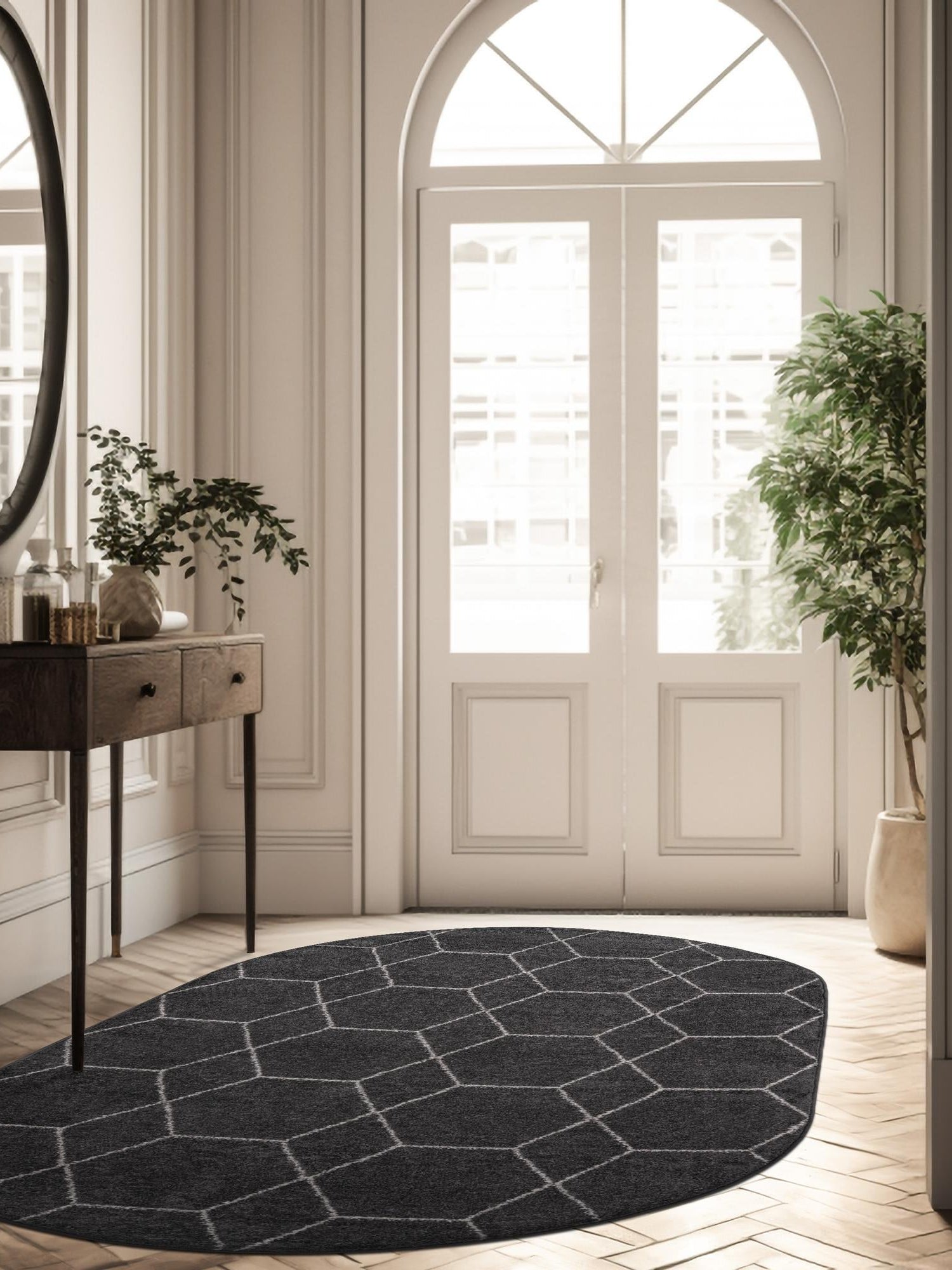 Dark Gray 4' 1 x 6' 1 Trellis Frieze Oval Area Rug Geometric Modern Unique Stain Resistant Easy Clean Carpet for Living, Dining, Bedrooms, Office for Sale at Rug Engine