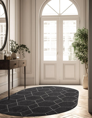 Dark Gray 4' 1 x 6' 1 Trellis Frieze Oval Area Rug Geometric Modern Unique Stain Resistant Easy Clean Carpet for Living, Dining, Bedrooms, Office for Sale at Rug Engine