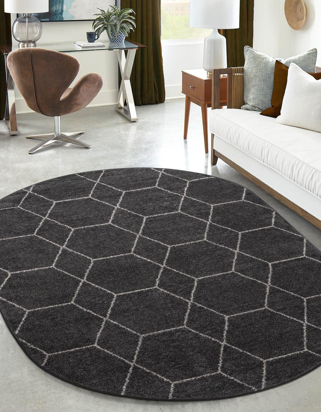 Dark Gray 5' 3 x 8' Trellis Frieze Oval Area Rug Geometric Modern Unique Stain Resistant Easy Clean Carpet for Living, Dining, Bedrooms, Office for Sale at Rug Engine