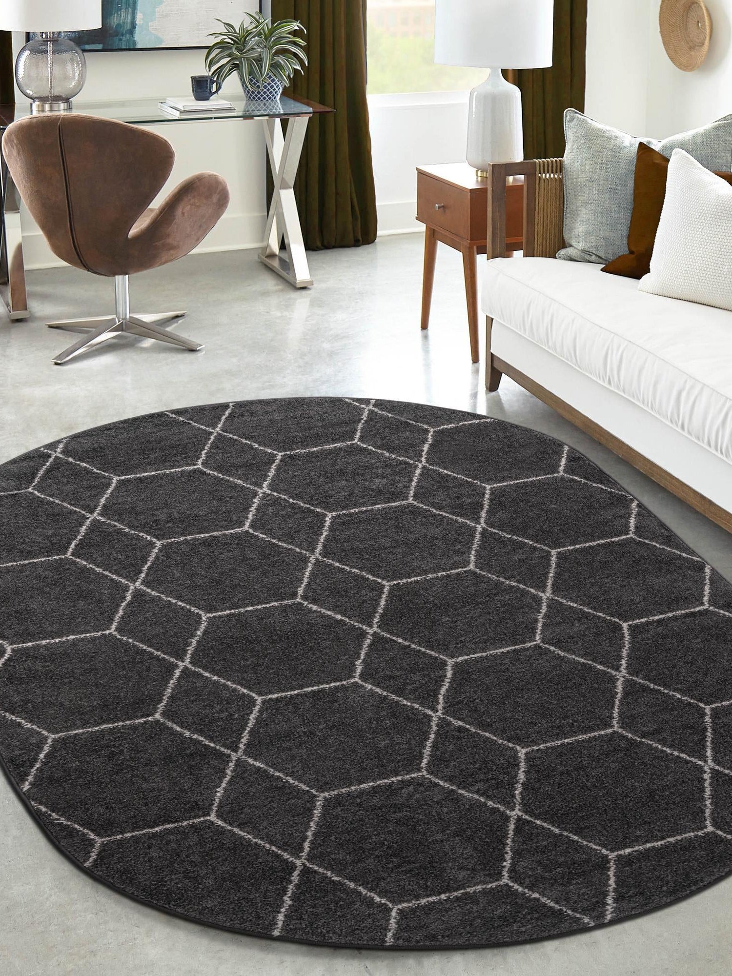 Dark Gray 4' 1 x 6' 1 Trellis Frieze Oval Area Rug Geometric Modern Unique Stain Resistant Easy Clean Carpet for Living, Dining, Bedrooms, Office for Sale at Rug Engine