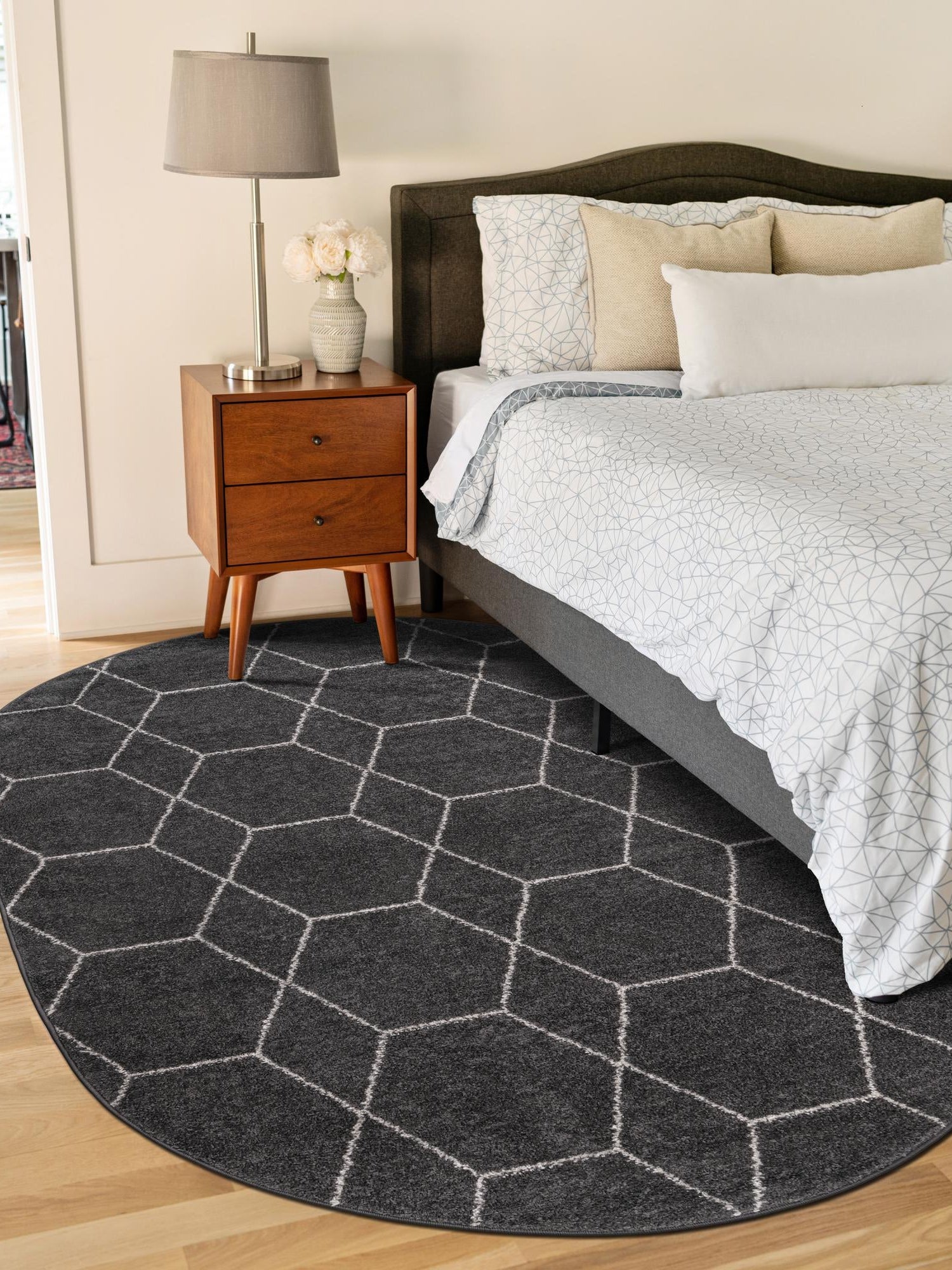 Dark Gray 4' 1 x 6' 1 Trellis Frieze Oval Area Rug Geometric Modern Unique Stain Resistant Easy Clean Carpet for Living, Dining, Bedrooms, Office for Sale at Rug Engine