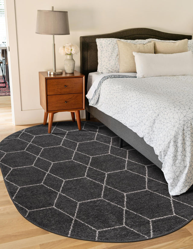 Dark Gray 4' 1 x 6' 1 Trellis Frieze Oval Area Rug Geometric Modern Unique Stain Resistant Easy Clean Carpet for Living, Dining, Bedrooms, Office for Sale at Rug Engine