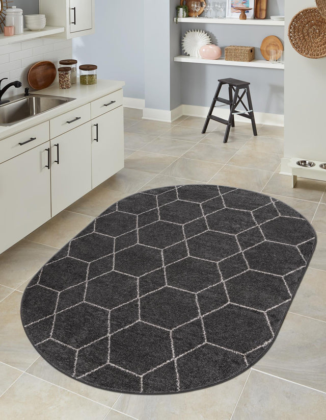Dark Gray 5' 3 x 8' Trellis Frieze Oval Area Rug Geometric Modern Unique Stain Resistant Easy Clean Carpet for Living, Dining, Bedrooms, Office for Sale at Rug Engine