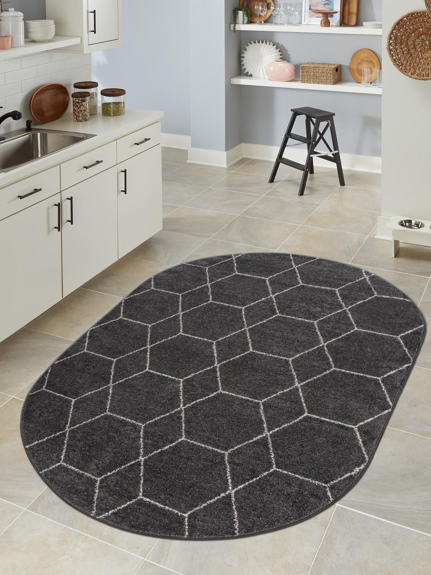 Dark Gray 4' 1 x 6' 1 Trellis Frieze Oval Area Rug Geometric Modern Unique Stain Resistant Easy Clean Carpet for Living, Dining, Bedrooms, Office for Sale at Rug Engine