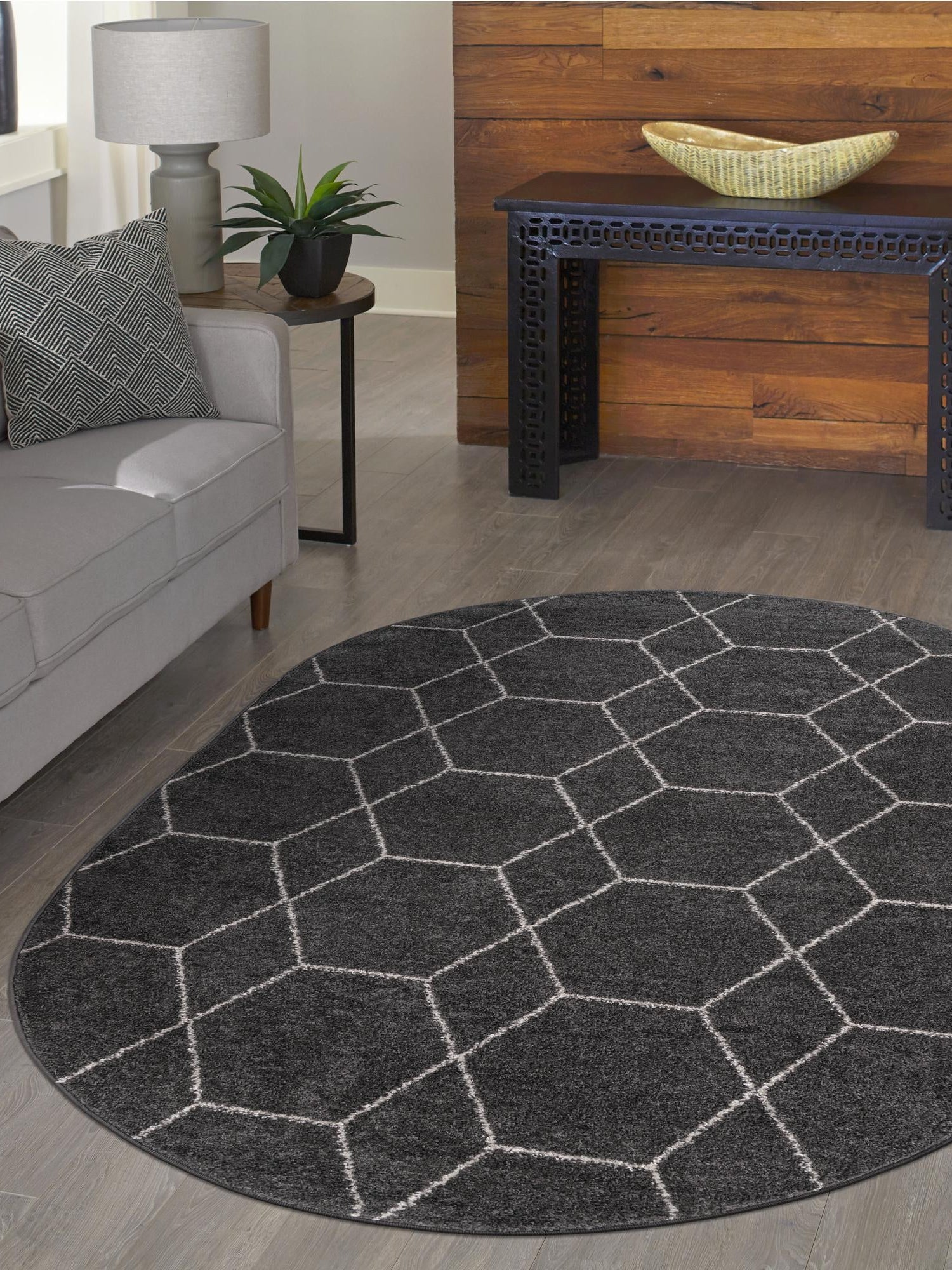 Dark Gray 5' 3 x 8' Trellis Frieze Oval Area Rug Geometric Modern Unique Stain Resistant Easy Clean Carpet for Living, Dining, Bedrooms, Office for Sale at Rug Engine