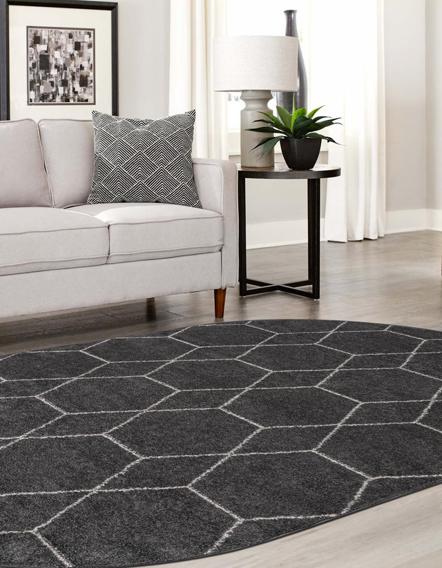 Dark Gray 5' 3 x 8' Trellis Frieze Oval Area Rug Geometric Modern Unique Stain Resistant Easy Clean Carpet for Living, Dining, Bedrooms, Office for Sale at Rug Engine