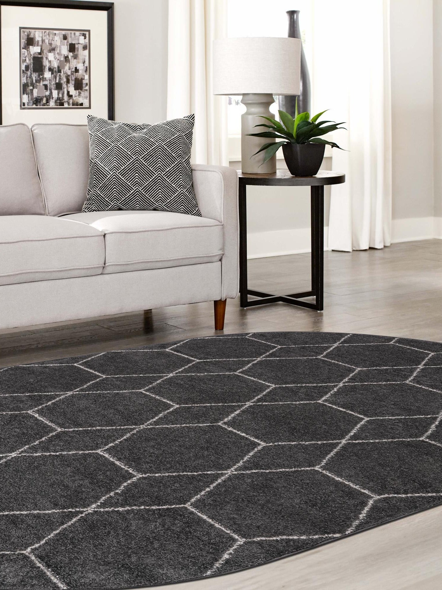 Dark Gray 4' 1 x 6' 1 Trellis Frieze Oval Area Rug Geometric Modern Unique Stain Resistant Easy Clean Carpet for Living, Dining, Bedrooms, Office for Sale at Rug Engine