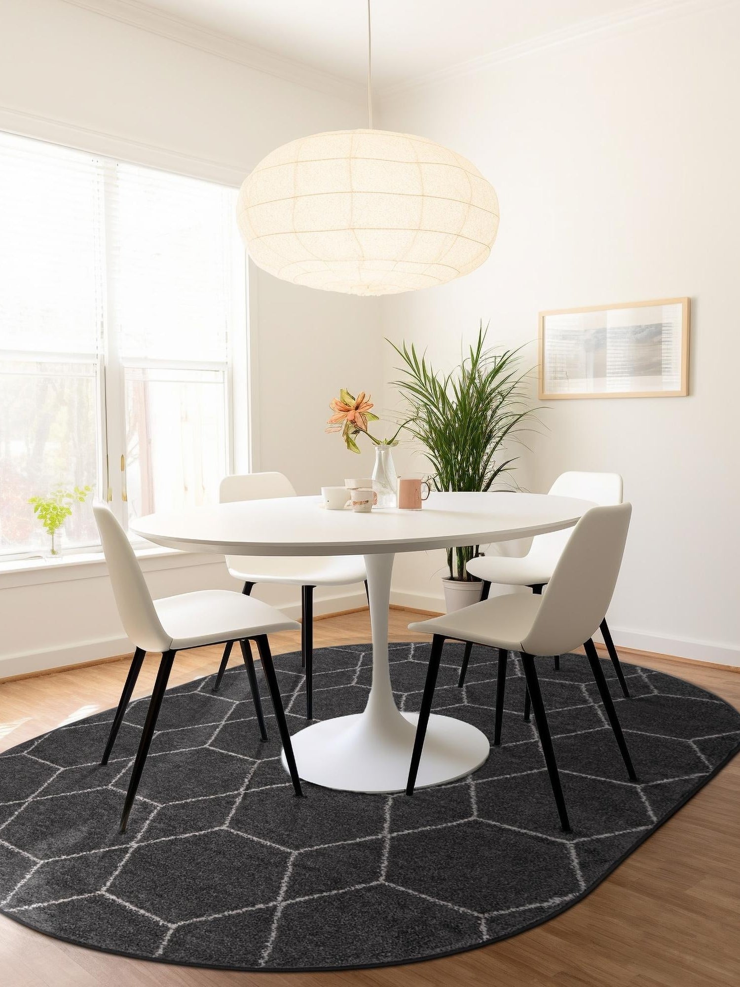 Dark Gray 4' 1 x 6' 1 Trellis Frieze Oval Area Rug Geometric Modern Unique Stain Resistant Easy Clean Carpet for Living, Dining, Bedrooms, Office for Sale at Rug Engine