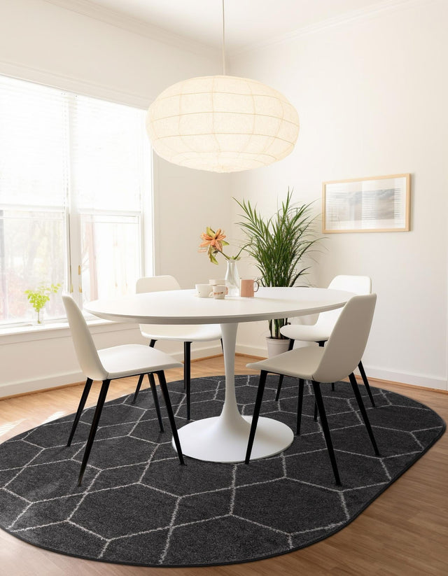 Dark Gray 4' 1 x 6' 1 Trellis Frieze Oval Area Rug Geometric Modern Unique Stain Resistant Easy Clean Carpet for Living, Dining, Bedrooms, Office for Sale at Rug Engine